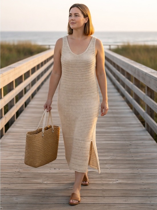 Tommy Bahama Dresses & Skirts - Tommy Bahama Crochet Knit Maxi Dress XL Beige Tan Neutral Boho Resort Vacation